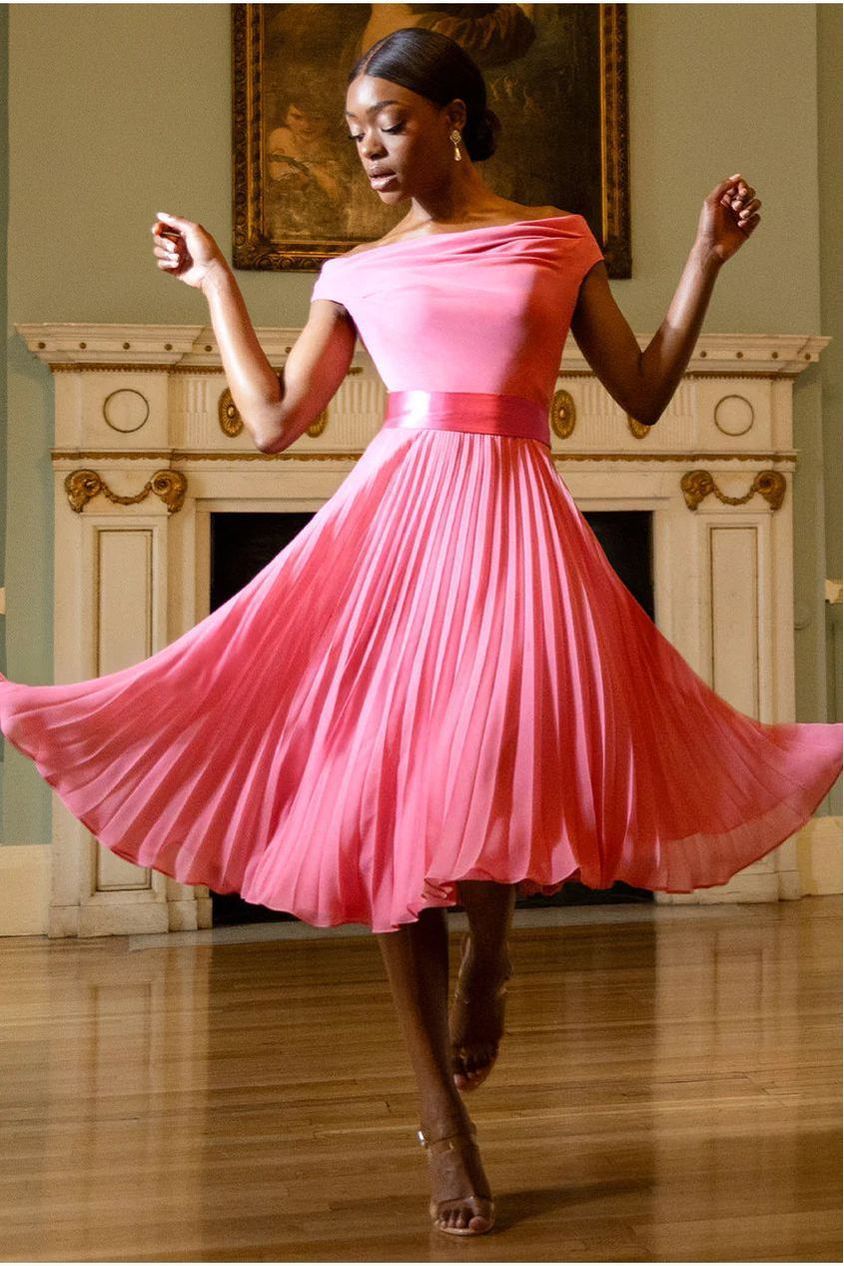 Cowl Neck Pleated A-Line Chiffon Midi Dress - Coral DR4501