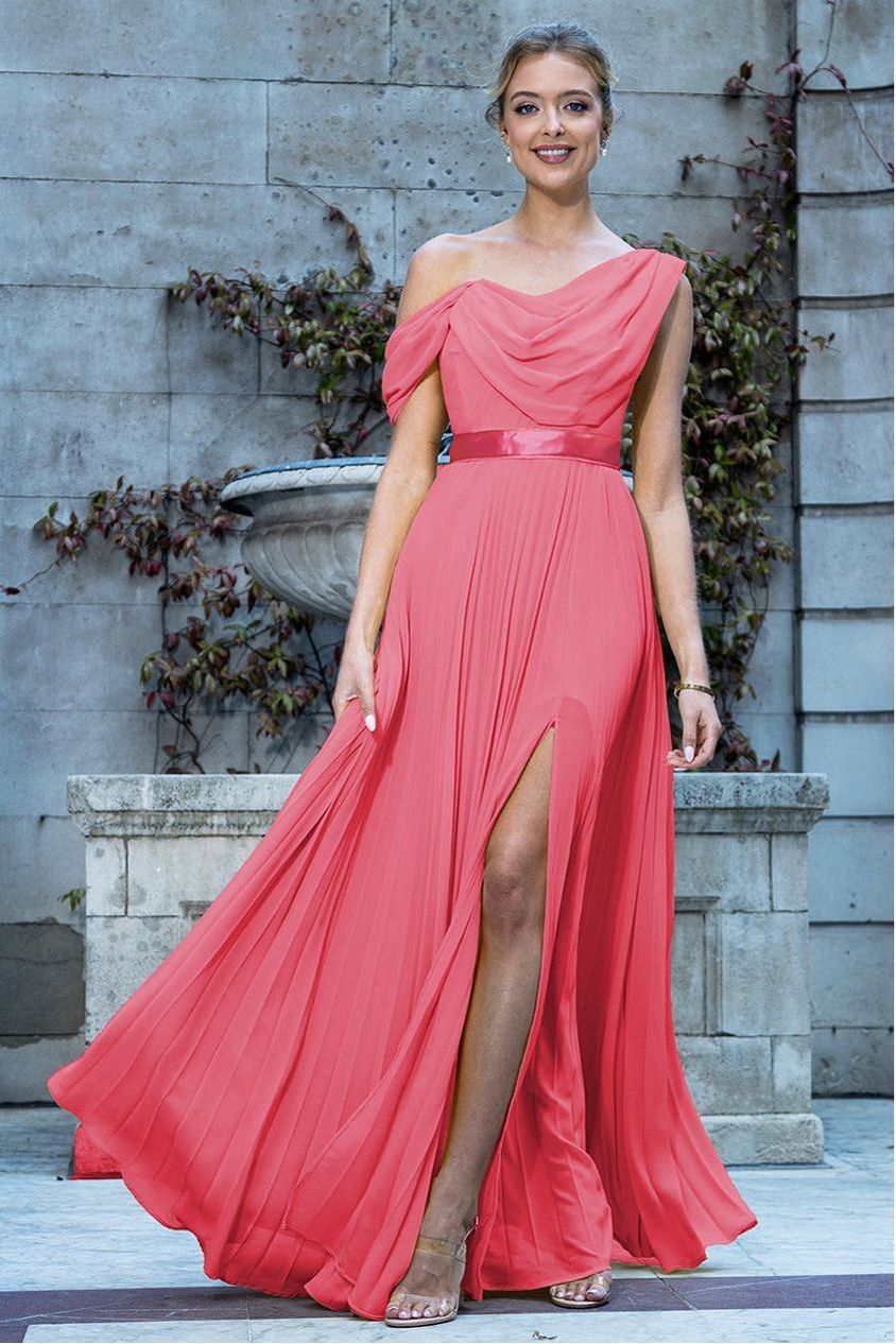 Cowl Neck One Shoulder A Line Chiffon Maxi Dress - Coral DR4506