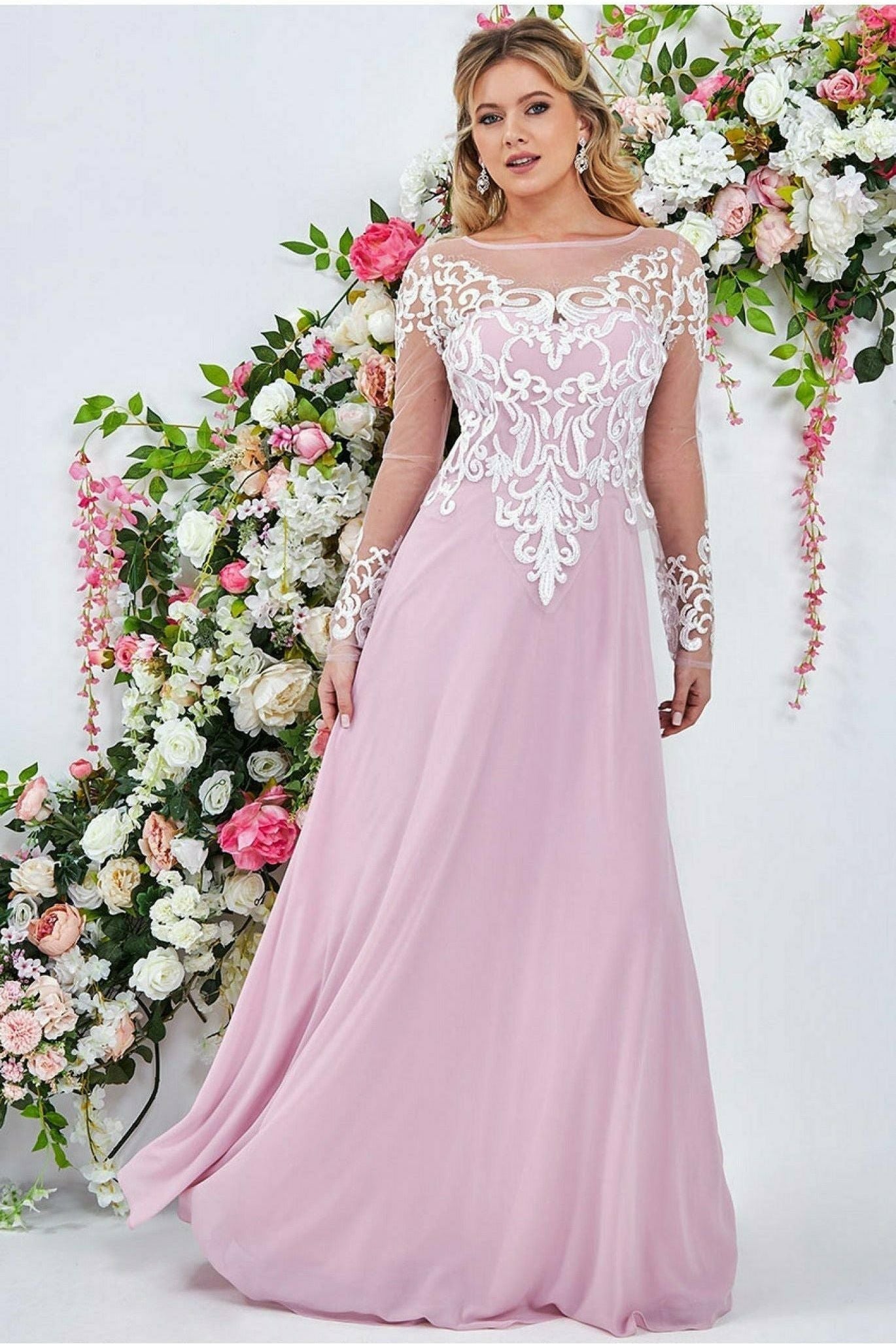 Mesh & Lace Embroidered Bodice Maxi - Blush DR3260