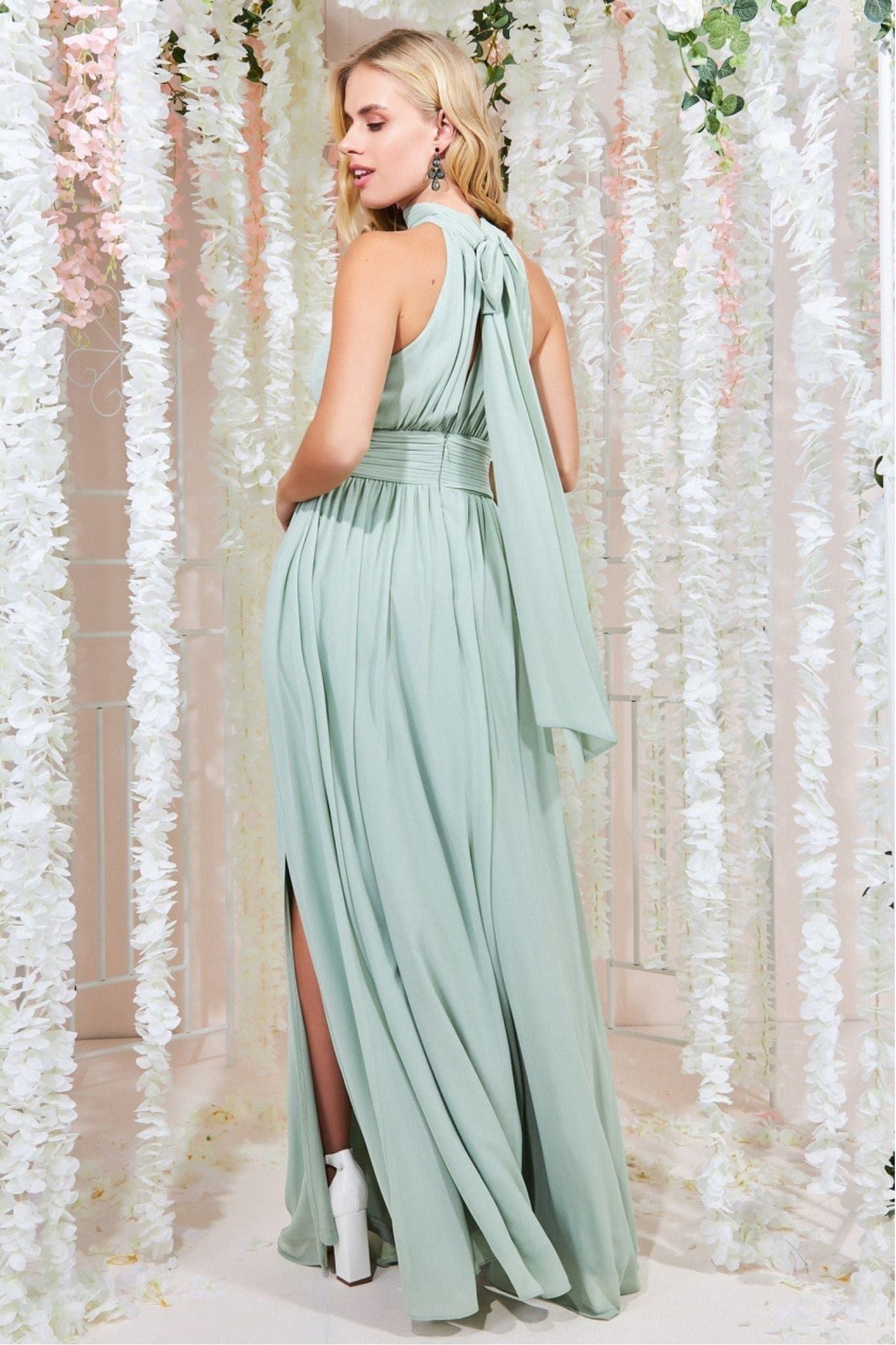 Halterneck Chiffon Maxi With Thigh Split - Sage Green DR3334