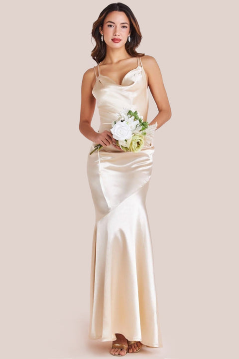 Satin Cowl Neck With Strappy Back Maxi - Champagne by Goddiva
