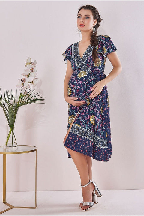 Maternity Floral Print Midi Navy Print by Goddiva