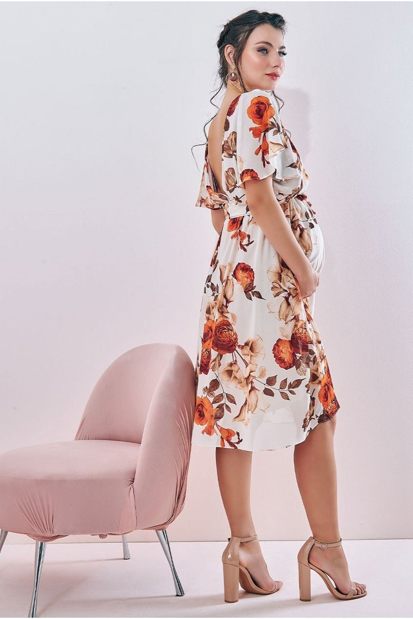 Maternity Wrap Back Flutter Sleeve Midi Beige DR3480MAT