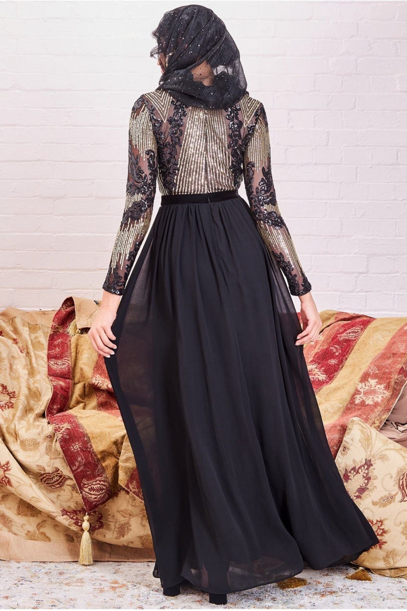Modesty Sequin Mesh Bodice Maxi Dress - Black DR3453MOD