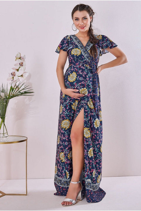 Maternity Floral Print Maxi Navy Print by Goddiva