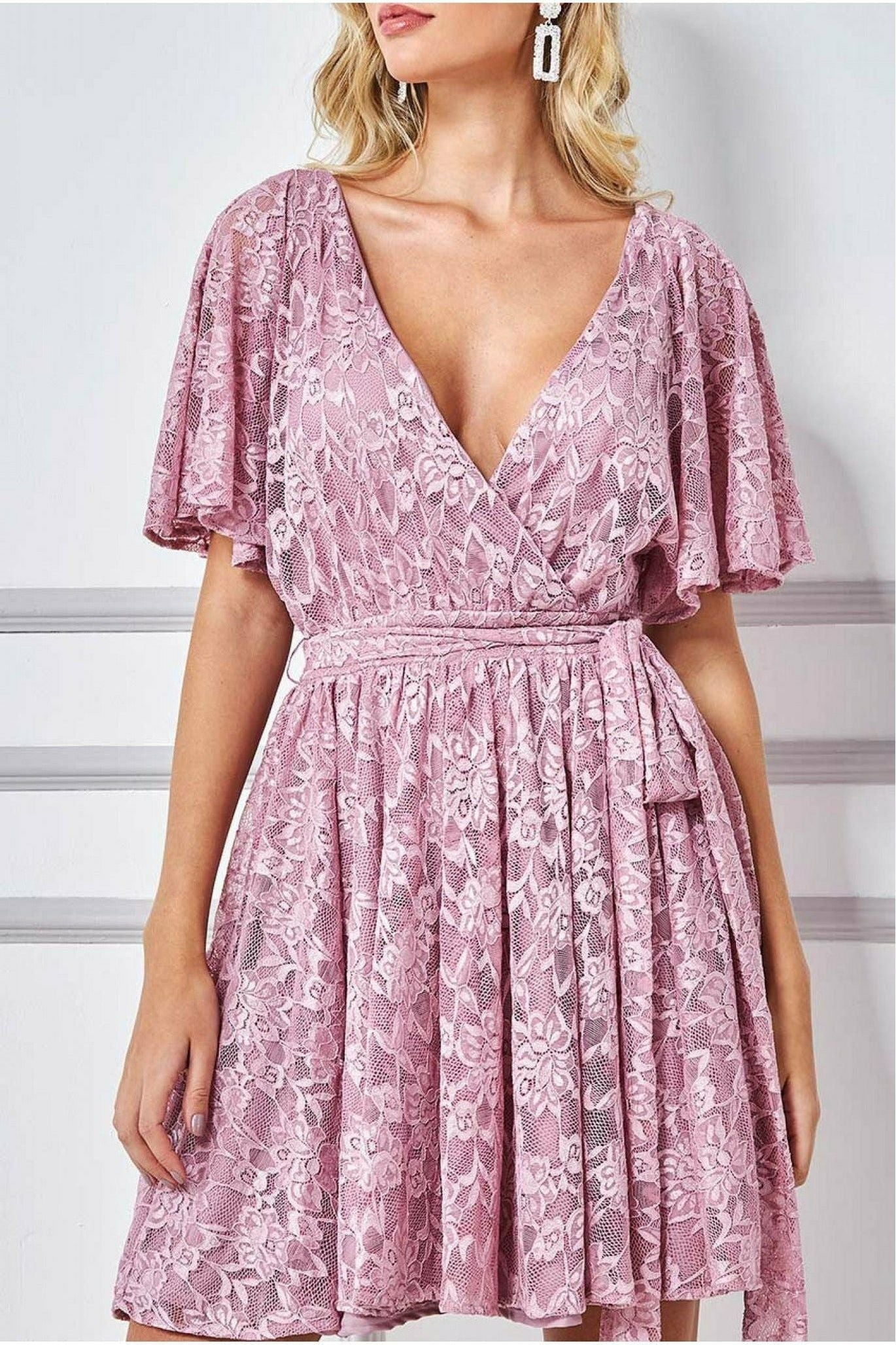 Lace Kimono Wrap Skater Mini Dress - Mauve DR2567A