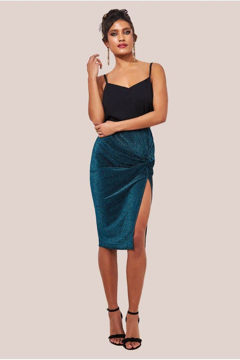 Knot Front Thigh Split Midi Skirt - Blue by Goddiva