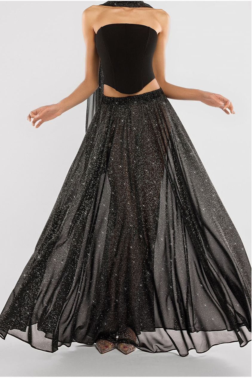 Gathered A-Line Glitter Chiffon Maxi Skirt SK30