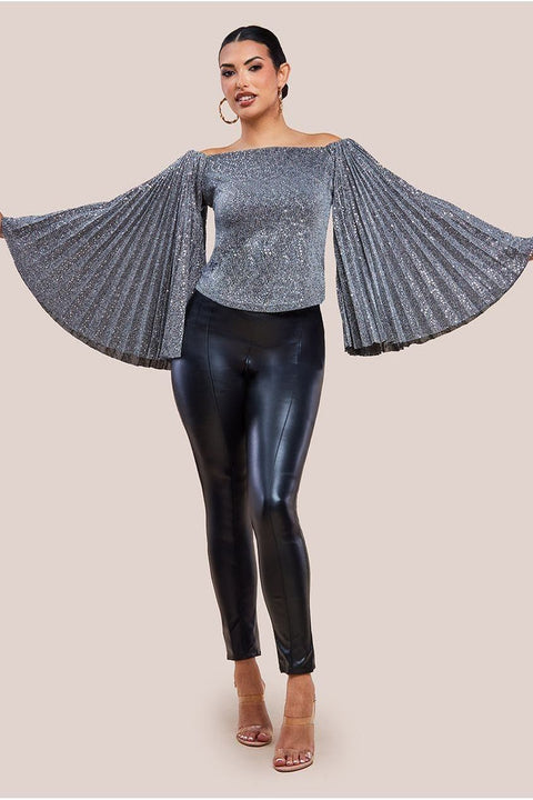 Sequin Lurex Bardot Pleated Sleeve Top - Silver by Goddiva