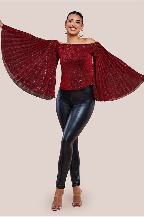 Sequin Lurex Bardot Pleated Sleeve Top - Wine by Goddiva