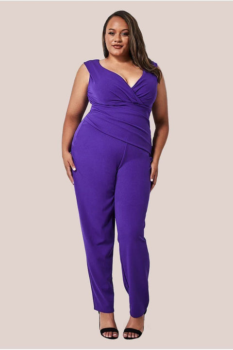 Bardot Scuba Jumpsuit - Purple by Goddiva Plus
