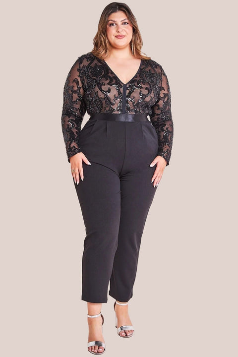 Sequin Mesh Jumpsuit - Black by Goddiva Plus