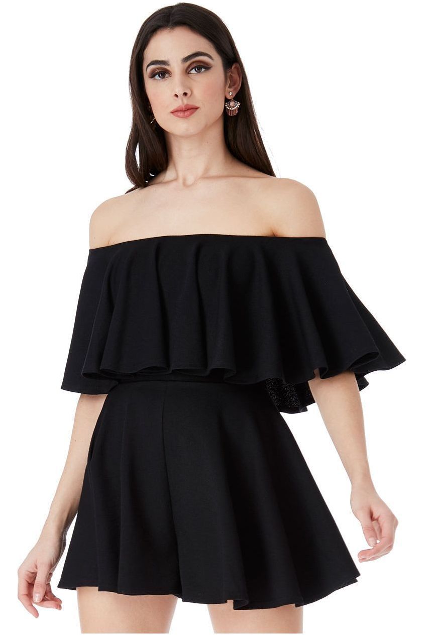 Off The Shoulder Frill Neck Skater Playsuit - Black TR30B