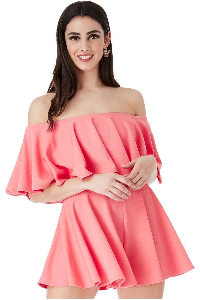Off The Shoulder Frill Neck Skater Playsuit - Coral TR30B