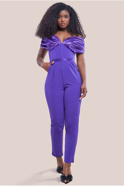 Corset Bodice Scuba & Satin Bardot Jumpsuit - Purple by Goddiva