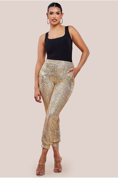 Sequin Cuffed Ankle Trouser - Gold by Goddiva