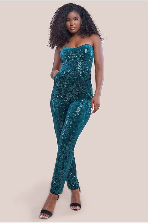 Sequin & Velvet Corset Jumpsuit - Emerald Green by Goddiva