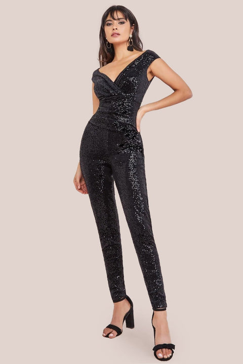 Sequin Velvet Bardot Jumpsuit - Black by Goddiva