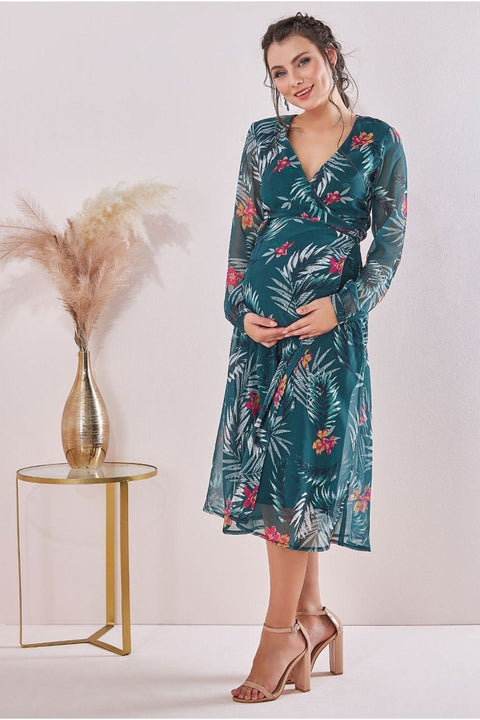 Maternity Floral Print Wrap Midi Green by Goddiva