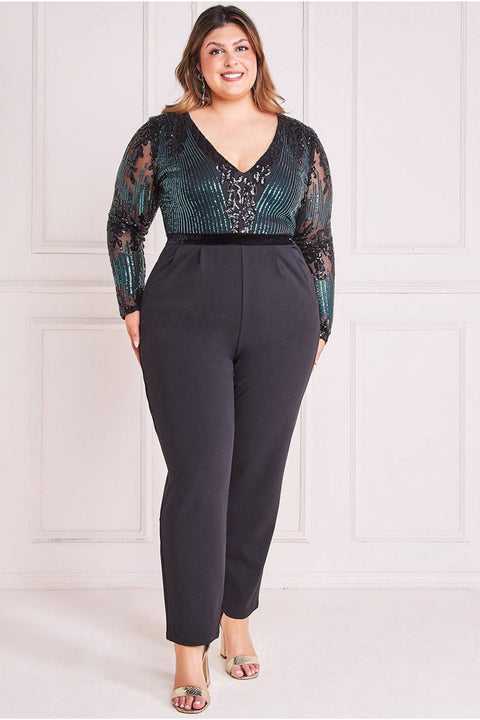Sequin & Mesh Jumpsuit - Emerald Green by Goddiva Plus