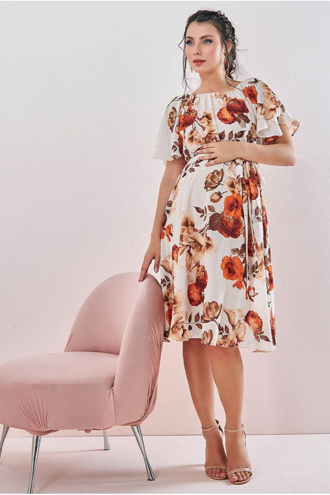 Maternity Wrap Back Flutter Sleeve Midi Beige by Goddiva