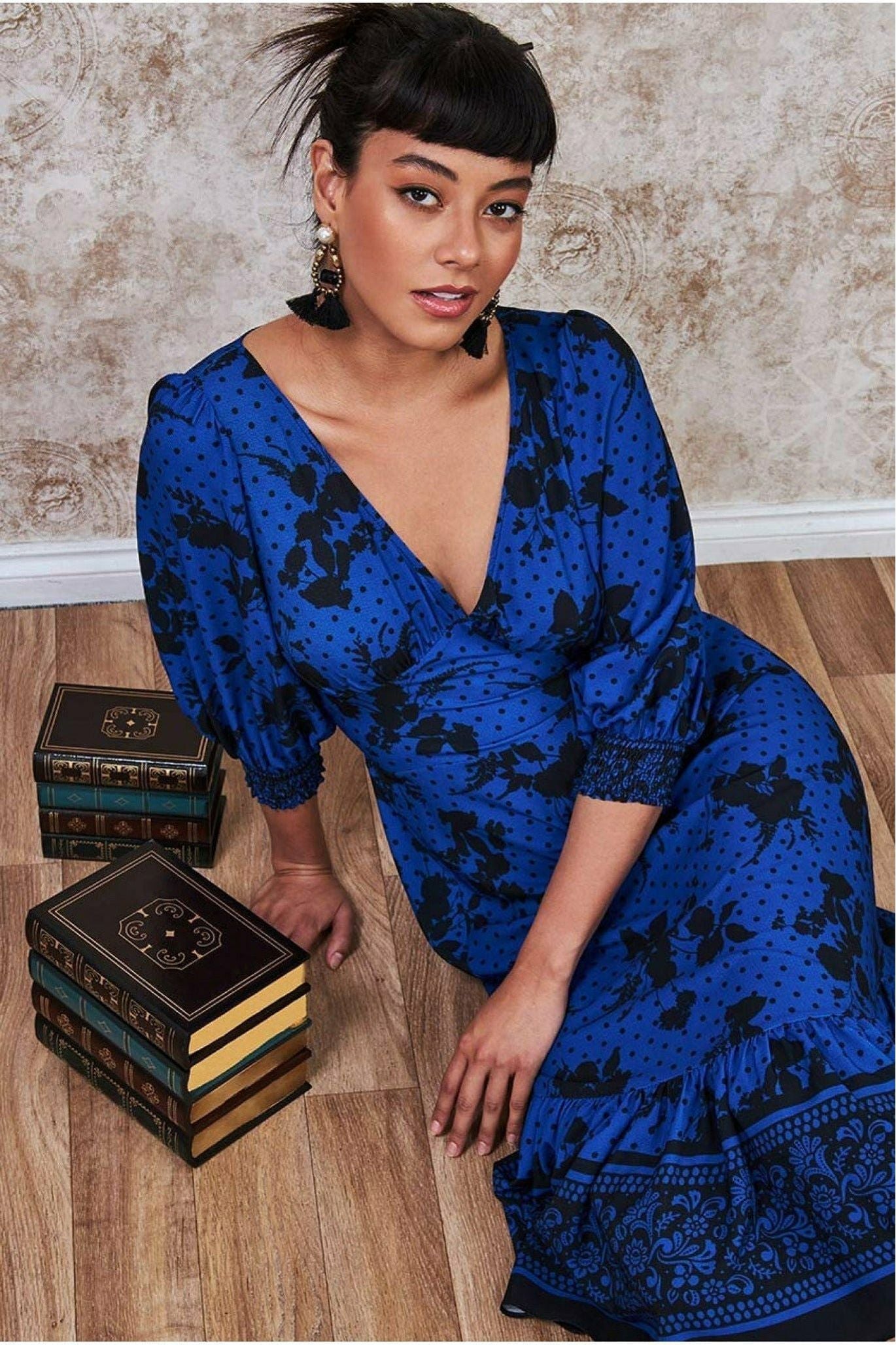 Floral Print Puff Sleeve Midi Dress - Royalblue DR3281