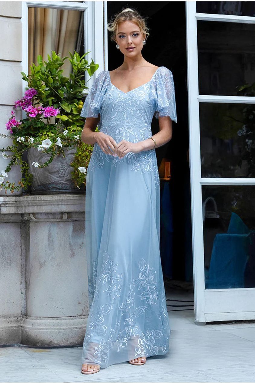 Lace Flutter Sleeve Embroidered Mesh A Line Maxi Dress - Blue DR3942