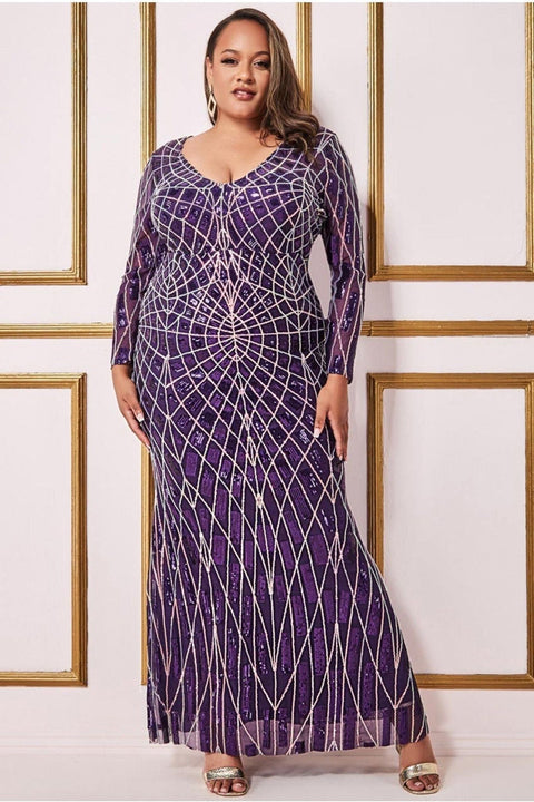 Geo Sequin Long Sleeve Maxi Dress - Purple by Goddiva Plus