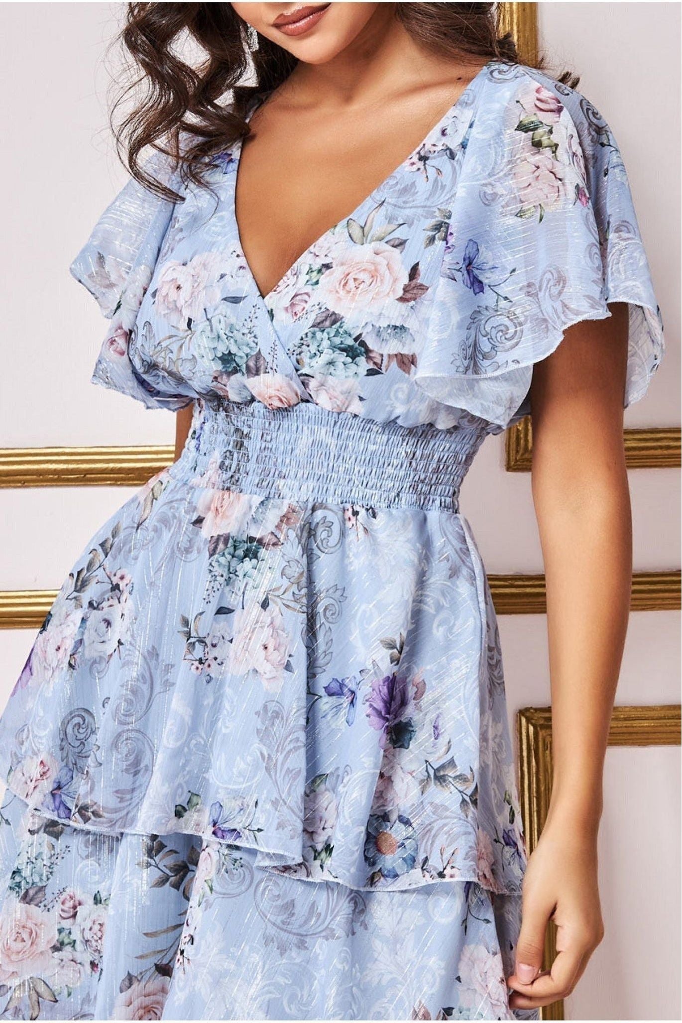Layered Floral Midi Flutter Sleeves - Blue Floral DR3219