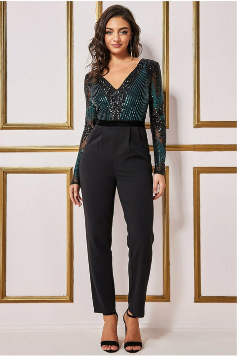 Sequin & Mesh Jumpsuit - Emerald Green by Goddiva