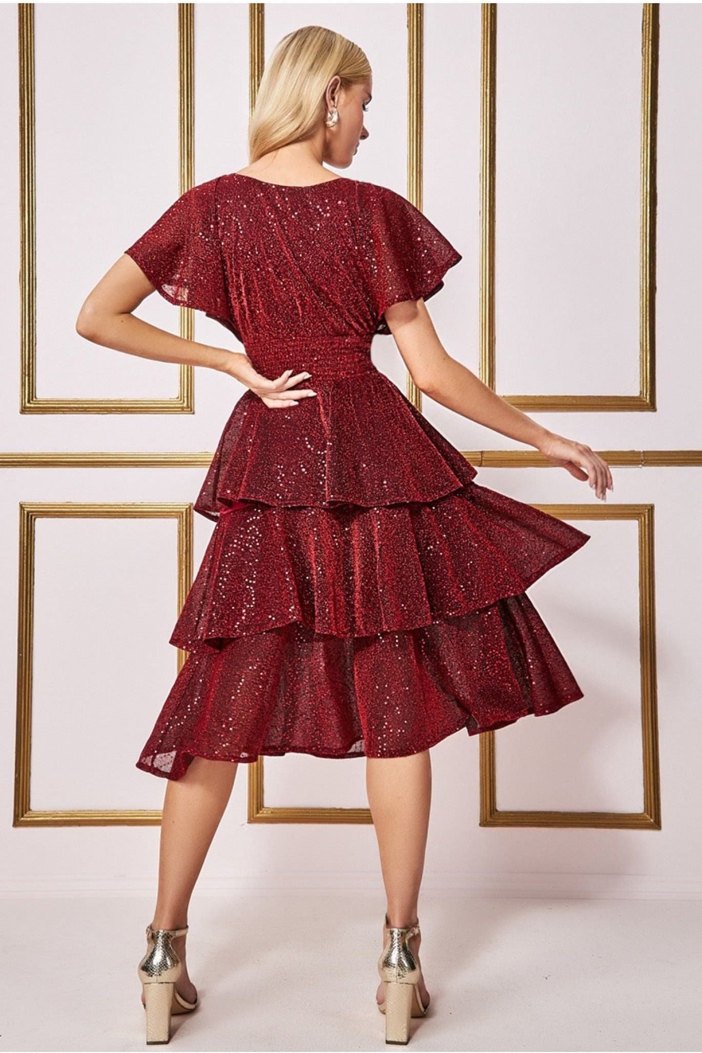 Sequin Lurex Tiered Midi Dress - Wine DR3656