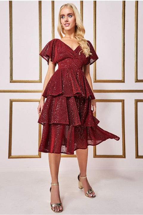 Sequin Lurex Tiered Midi Dress - Wine by Goddiva