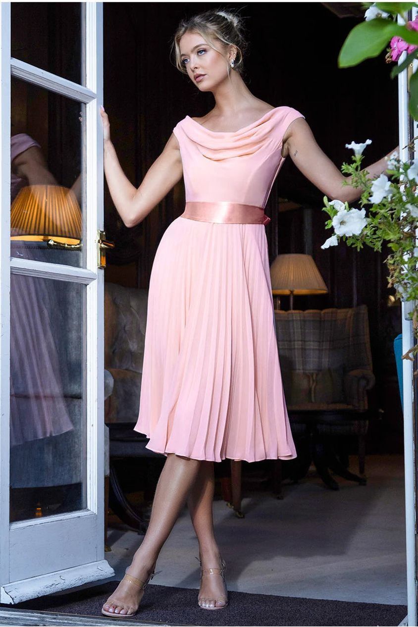 Cowl Neck Pleated A-Line Chiffon Midi Dress - Blush Pink DR4501