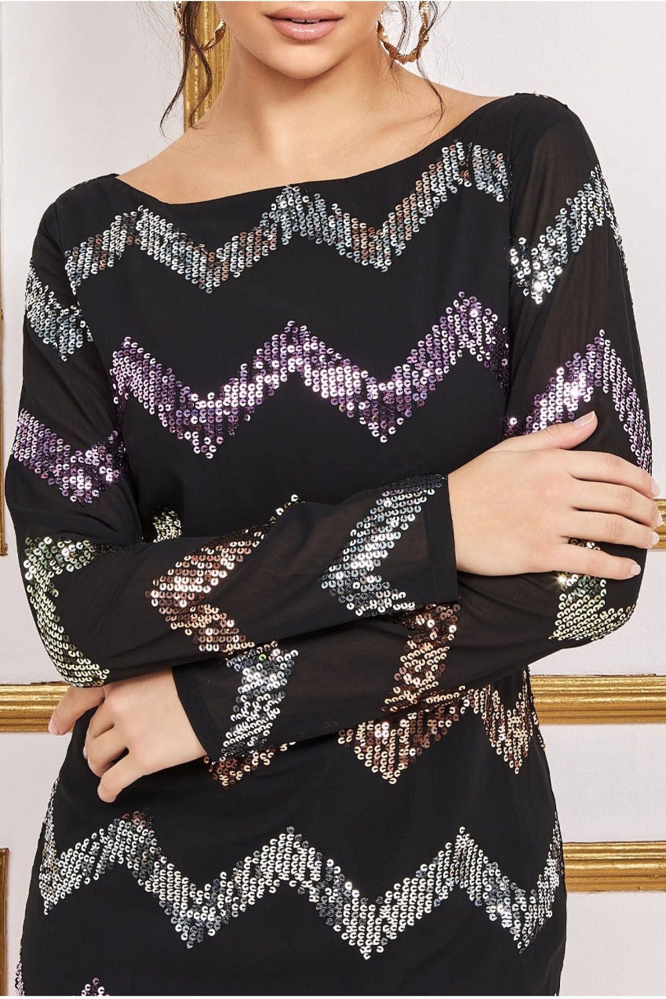 Sequin Zig Zag Shift Mini Dress - Black DR3790