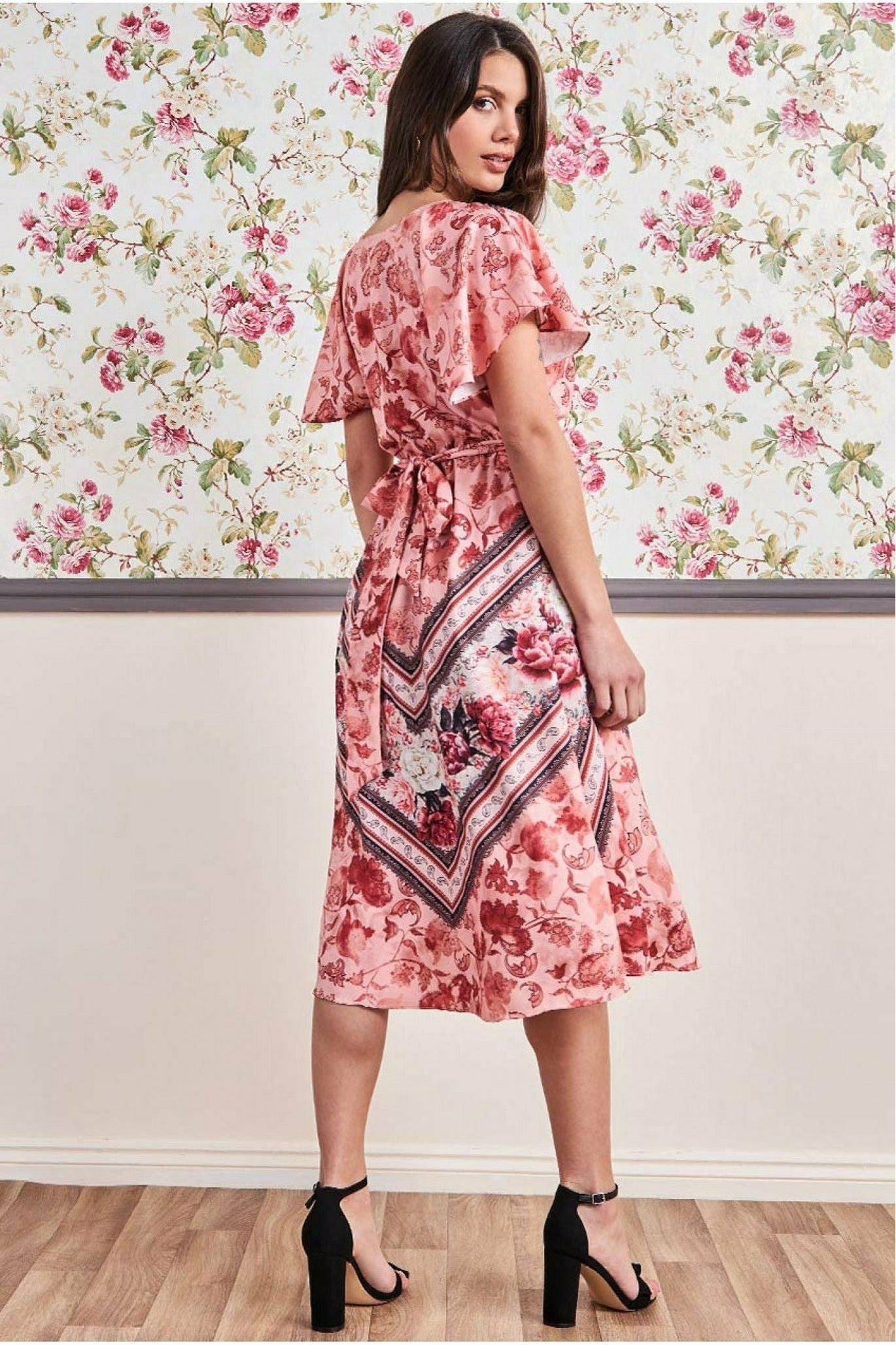 Flutter Sleeve Wrap Style Midi Dress - Peach DR3432