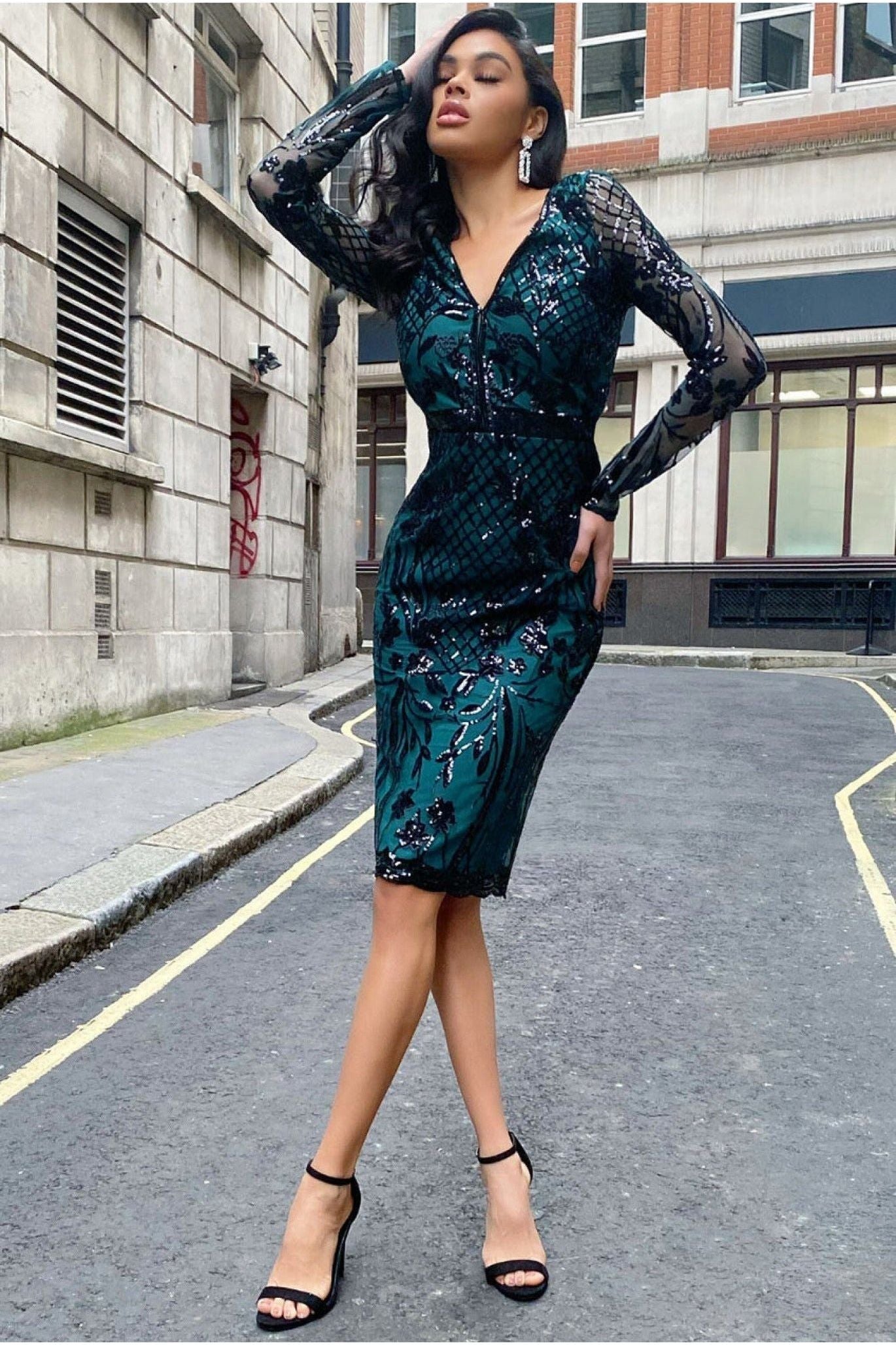 Full Sleeve Sequin Midi Dress - Emerald Green DR3269