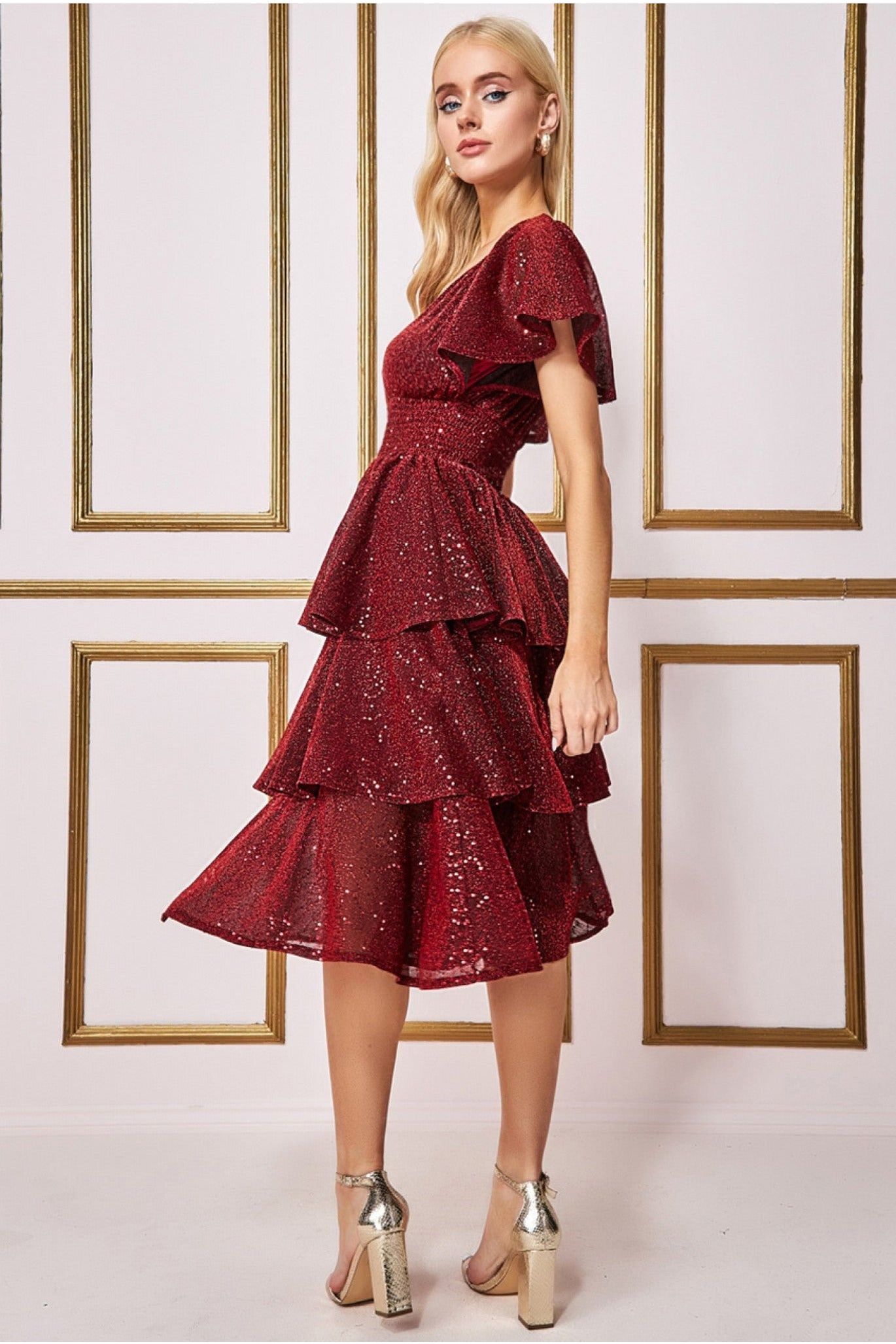 Sequin Lurex Tiered Midi Dress - Wine DR3656