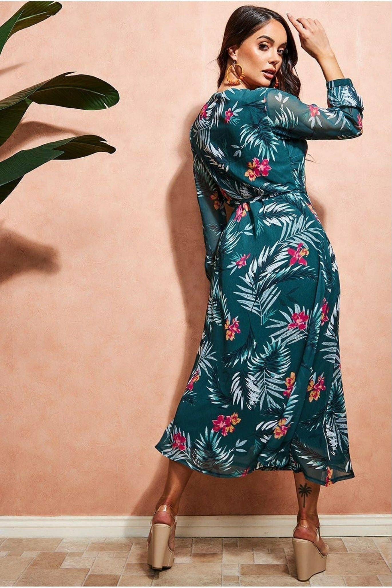Floral Print Wrap Midi Dress - Green DR3569