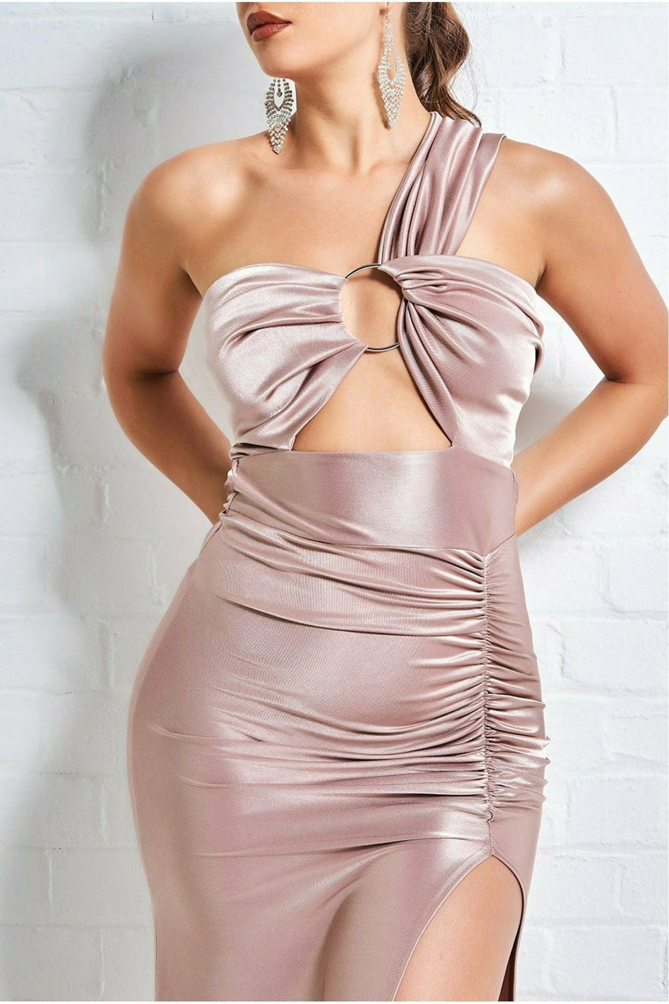 Ruched One Shoulder Maxi With Ring Detail -champagne DR3547