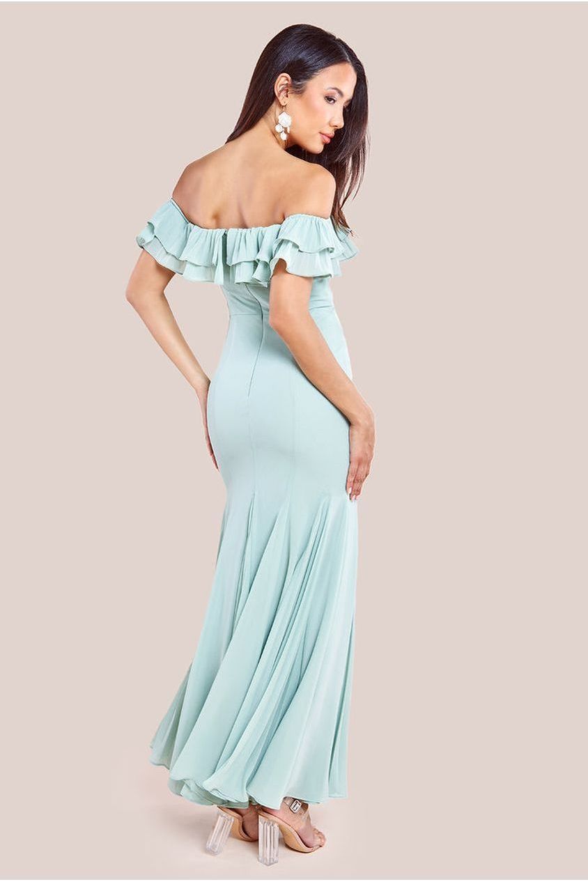 Frilled Off The Shoulder Pleated Chiffon Maxi Dress - Sage Green DR4273