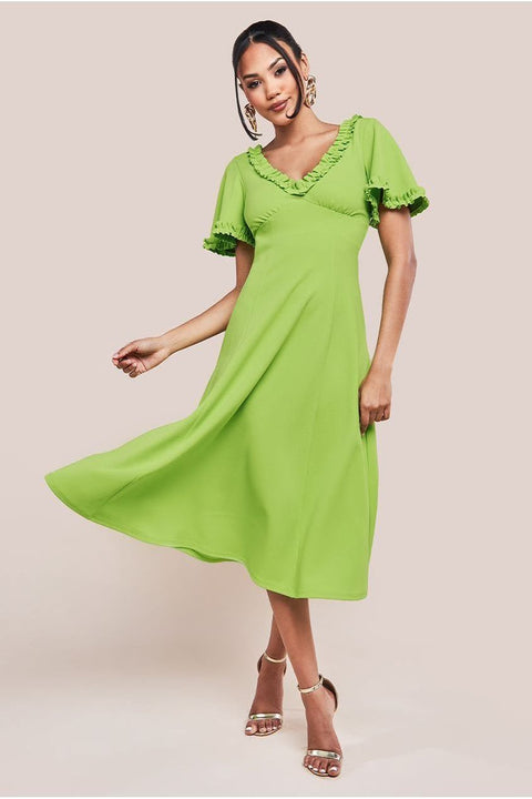Flare Sleeve Frill Edge Midi Dress - Lime Green by Goddiva