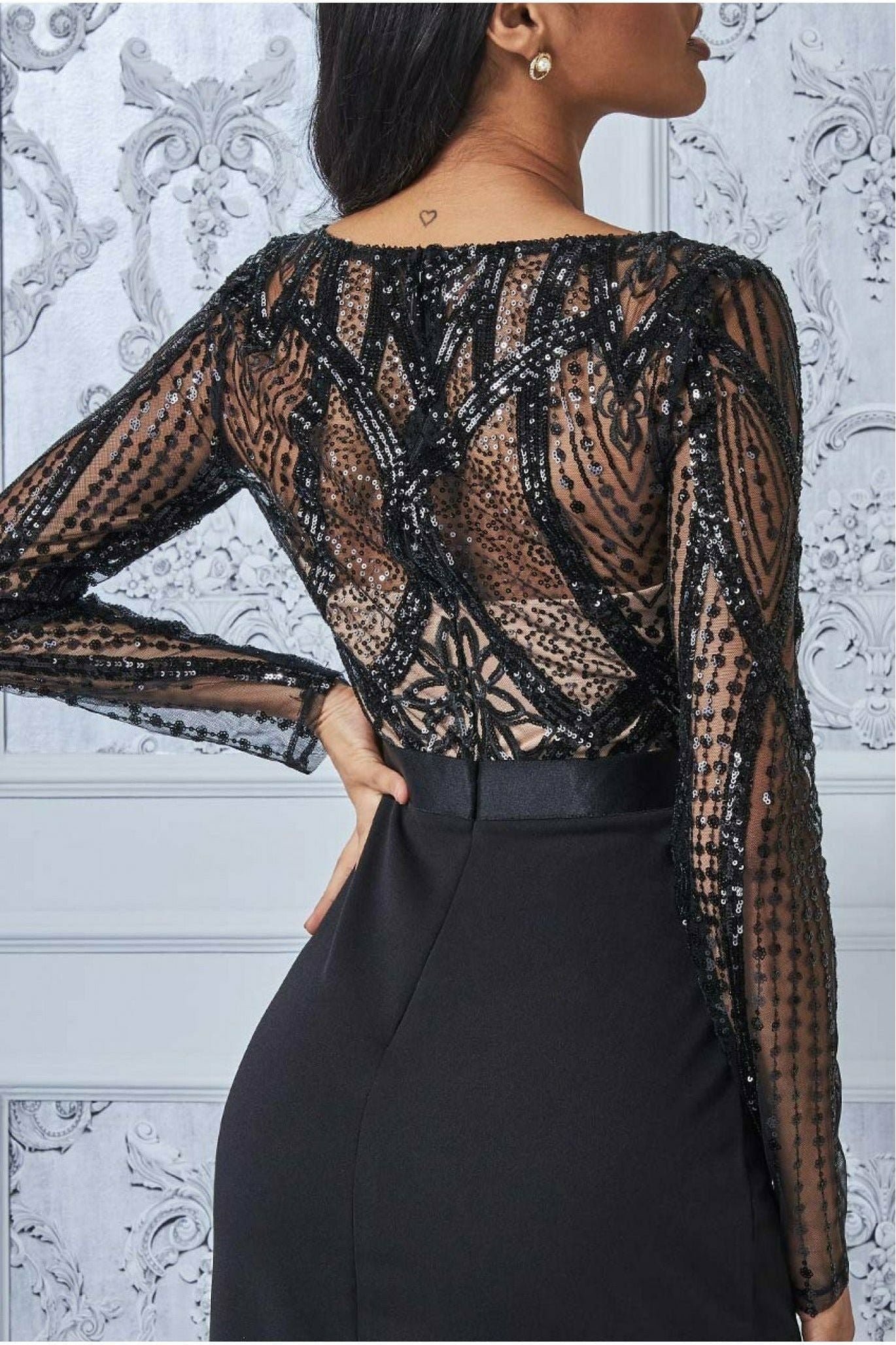 Sequin Bodice With Front Frill Maxi - Black DR3232