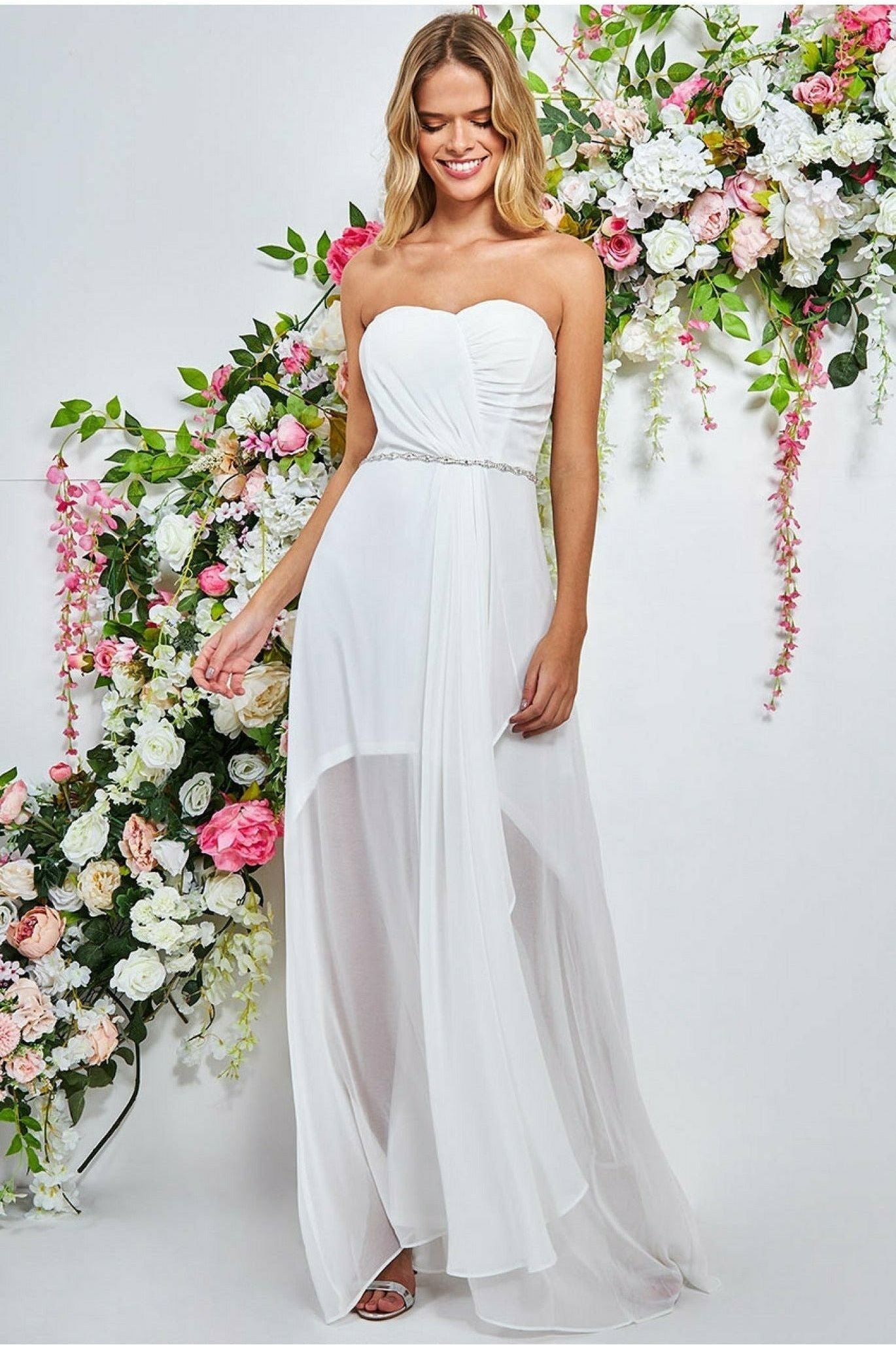 Bardot Chiffon Wedding Dress With Belt - White DR3069W
