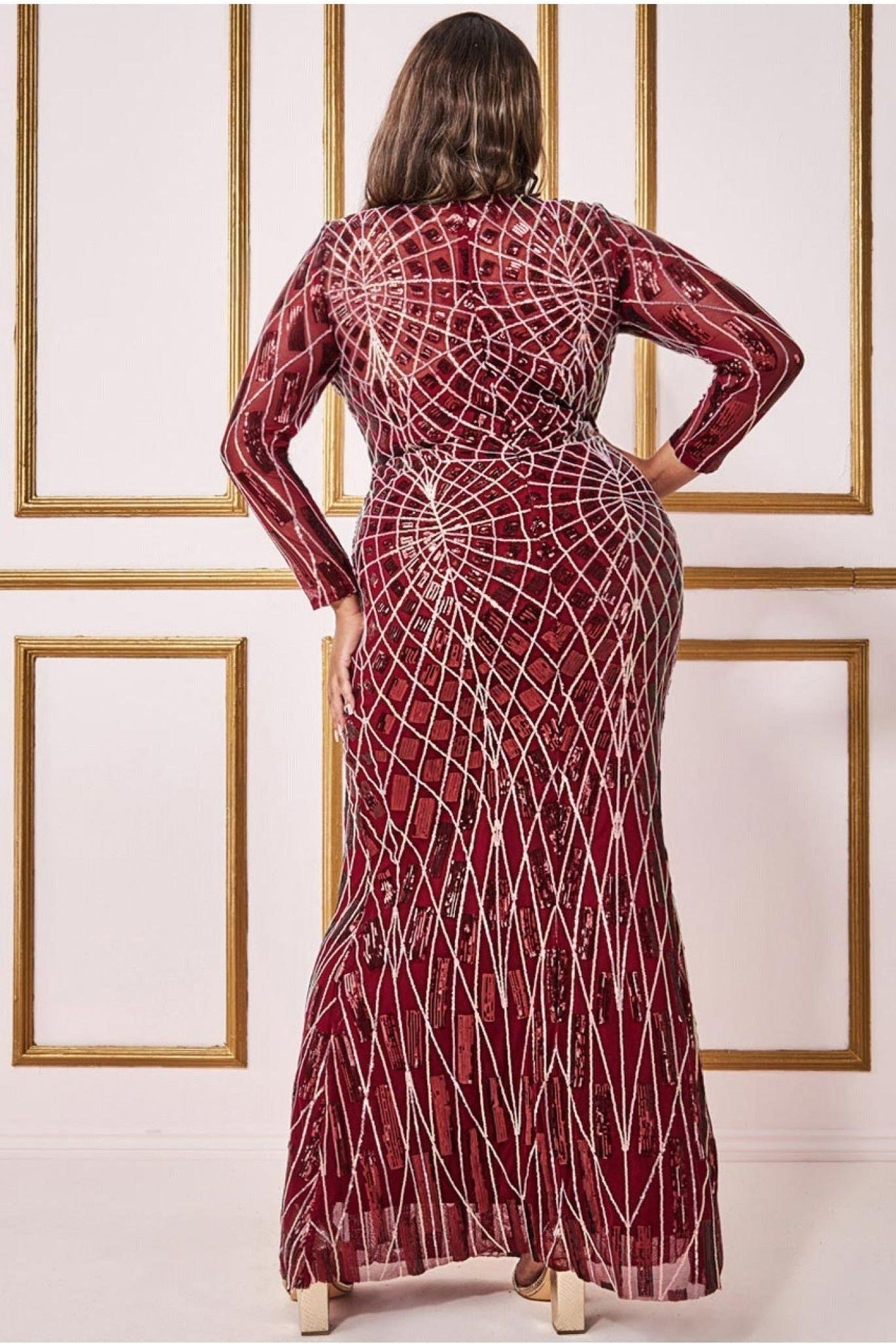 Geo Sequin Long Sleeve Maxi Dress - Wine DR3495P