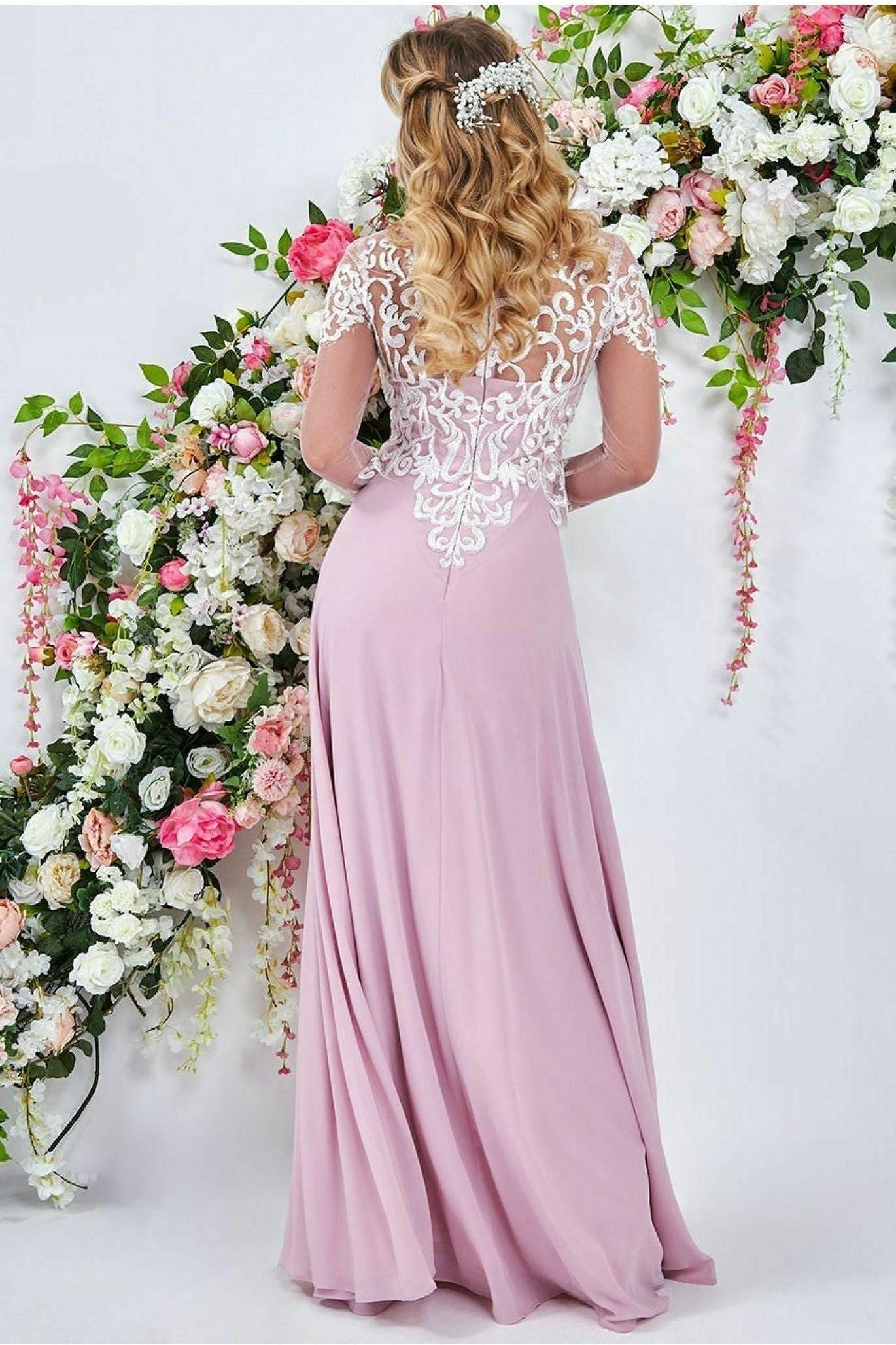 Mesh & Lace Embroidered Bodice Maxi - Blush DR3260