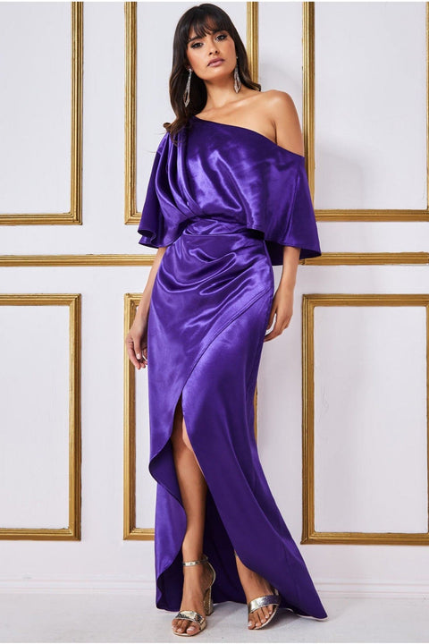 Satin Drape Shoulder Wrap Maxi Dress - Purple by Goddiva