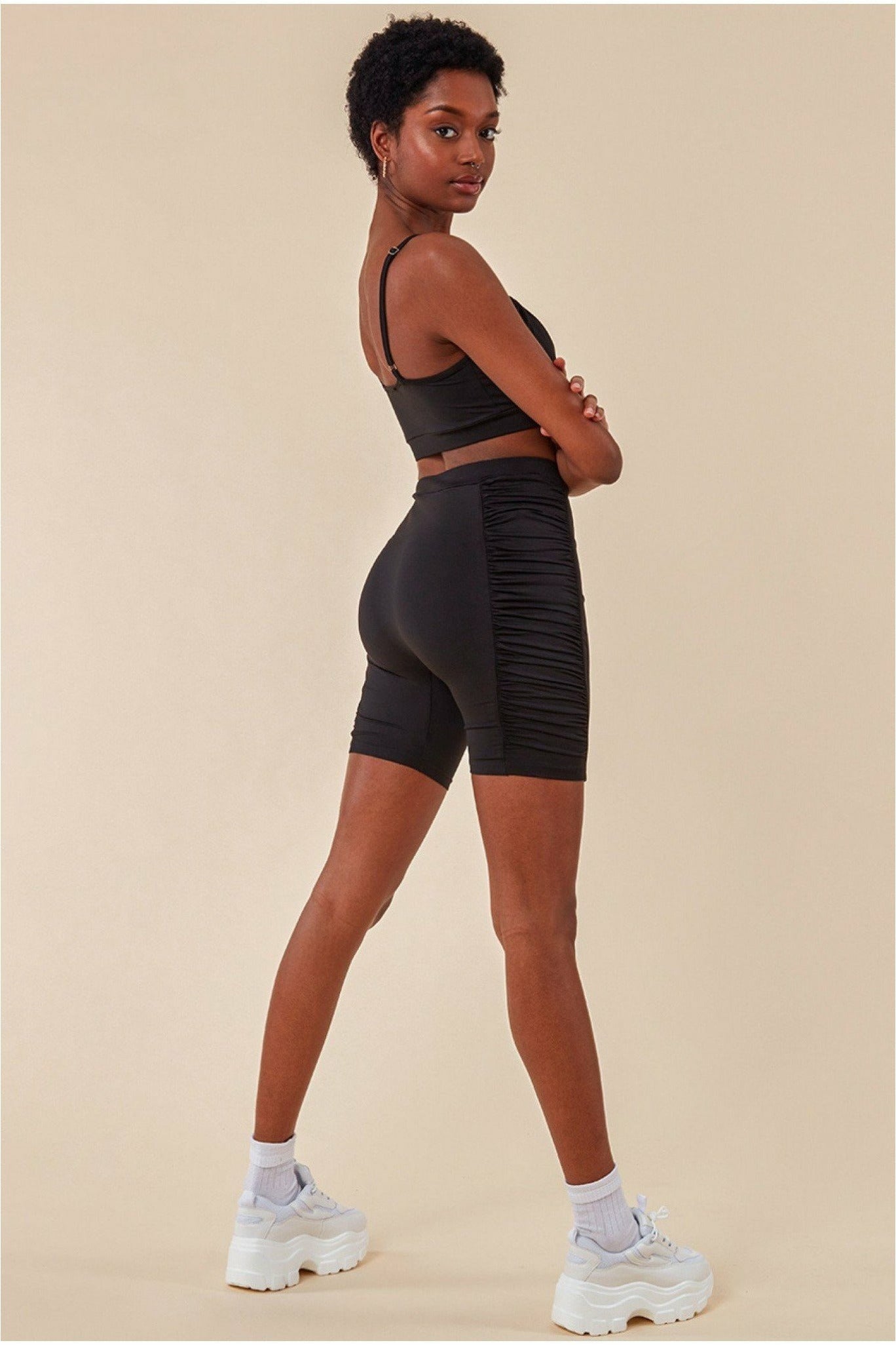 Side Detail Bralette & Cycle Short Set - Black TS5