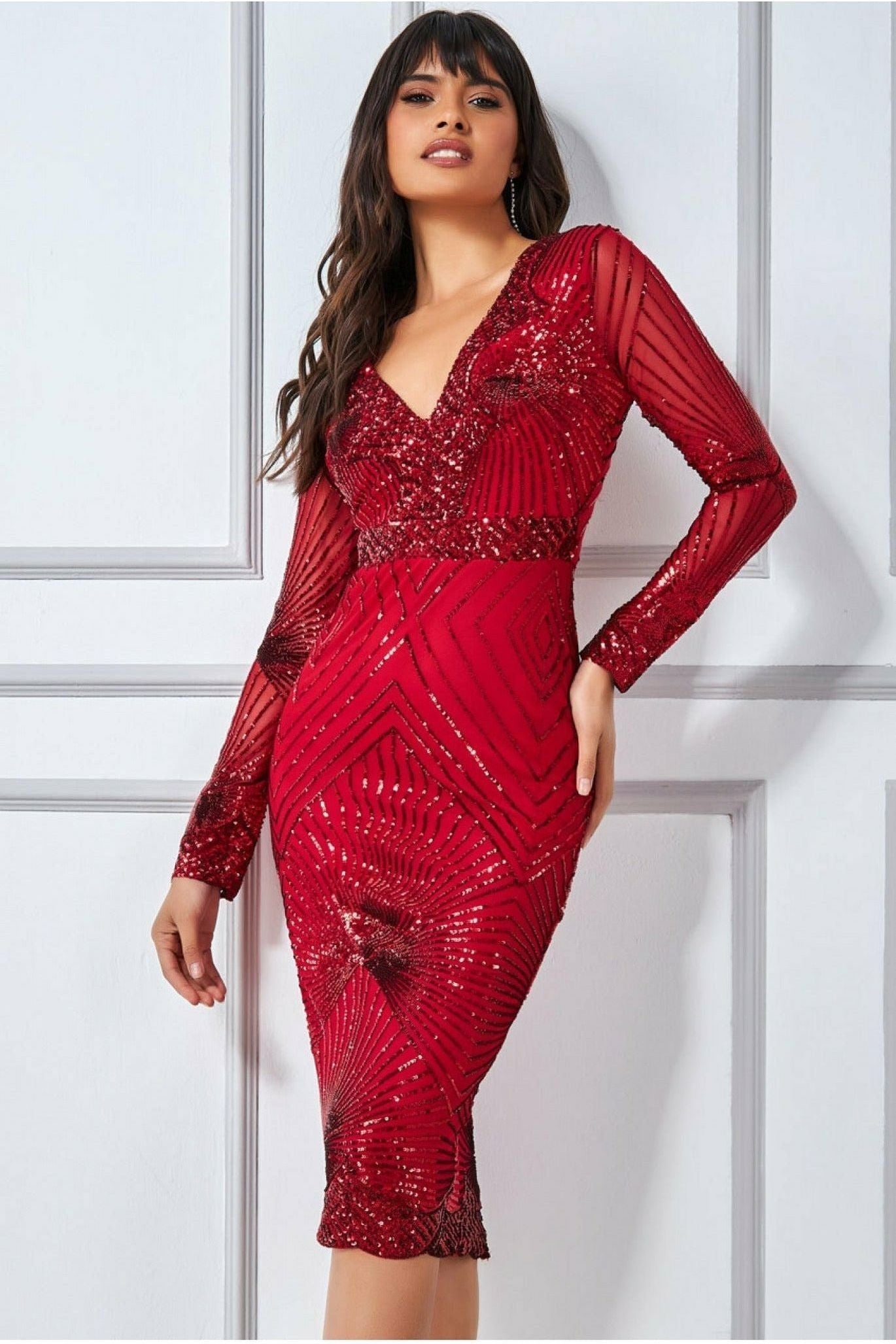 Scalloped Hem Starburst Midi Dress - Red DR2617