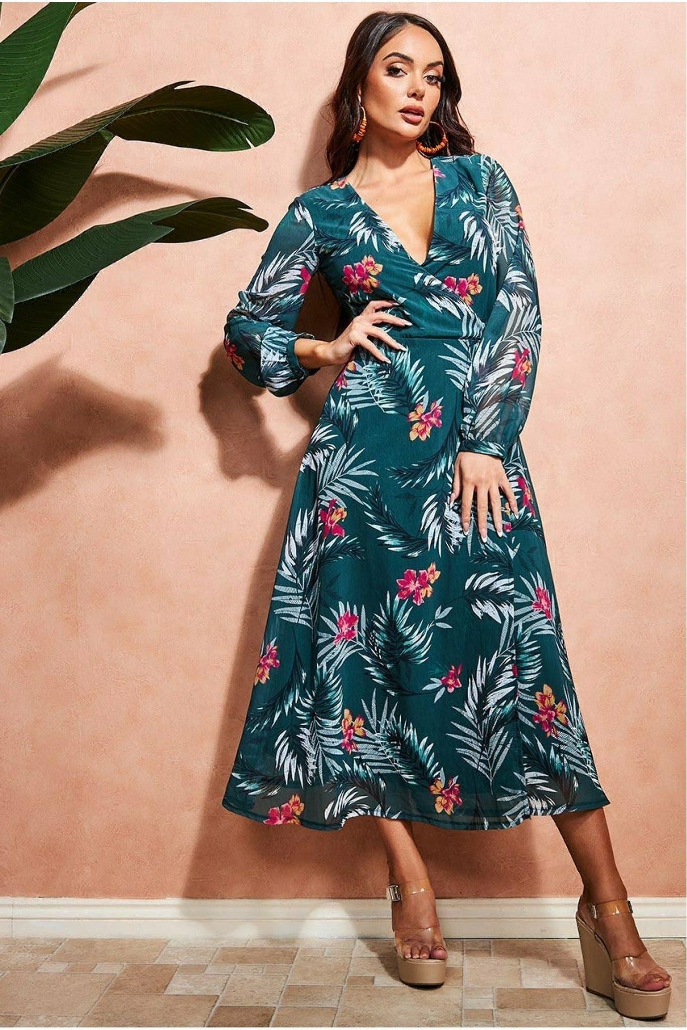 Floral Print Wrap Midi Dress - Green DR3569