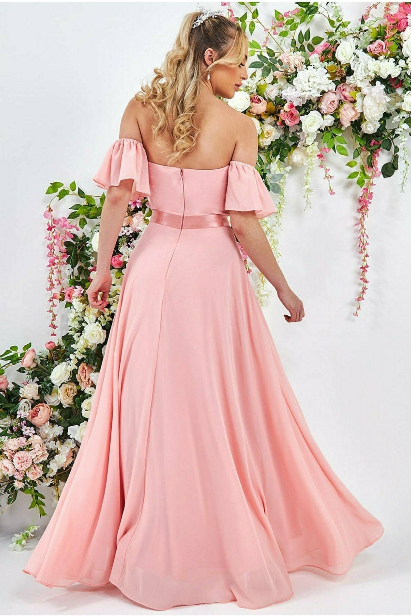 Draped Off The Shoulder Maxi With Split - Peach DR3070